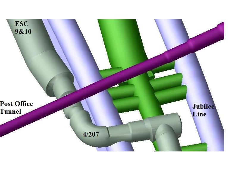 Northern Tunnels in relation to Jubilee Line platforms and Post Office Tunnel