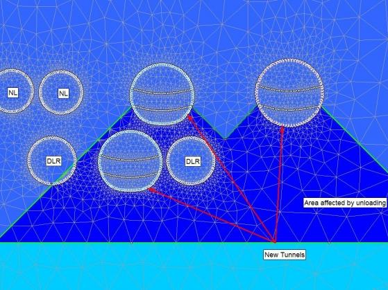 2D Phase 2 analysis for a situation where new tunnels are above the existing assets